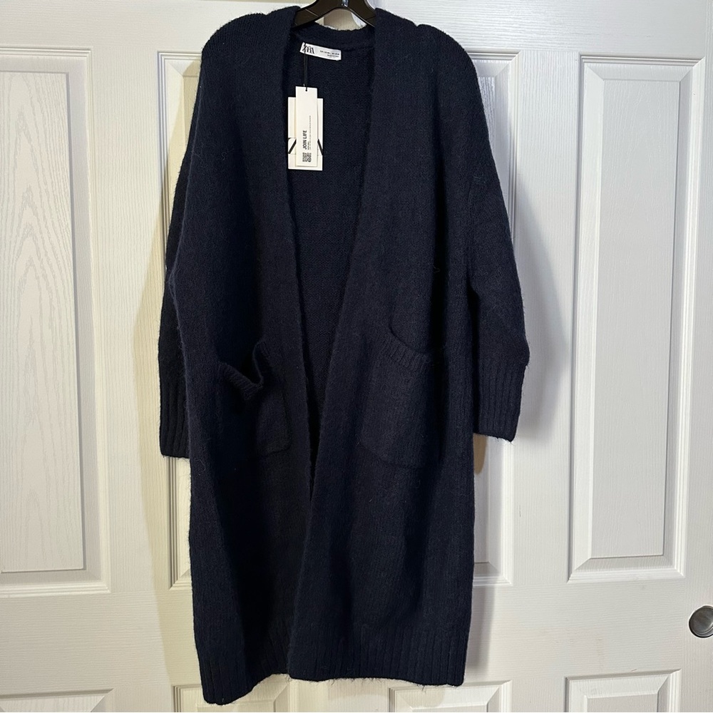 New Zara $69 Wool Blend Navy Blue Long Cardigan with Pockets Medium Large - Picture 5 of 13